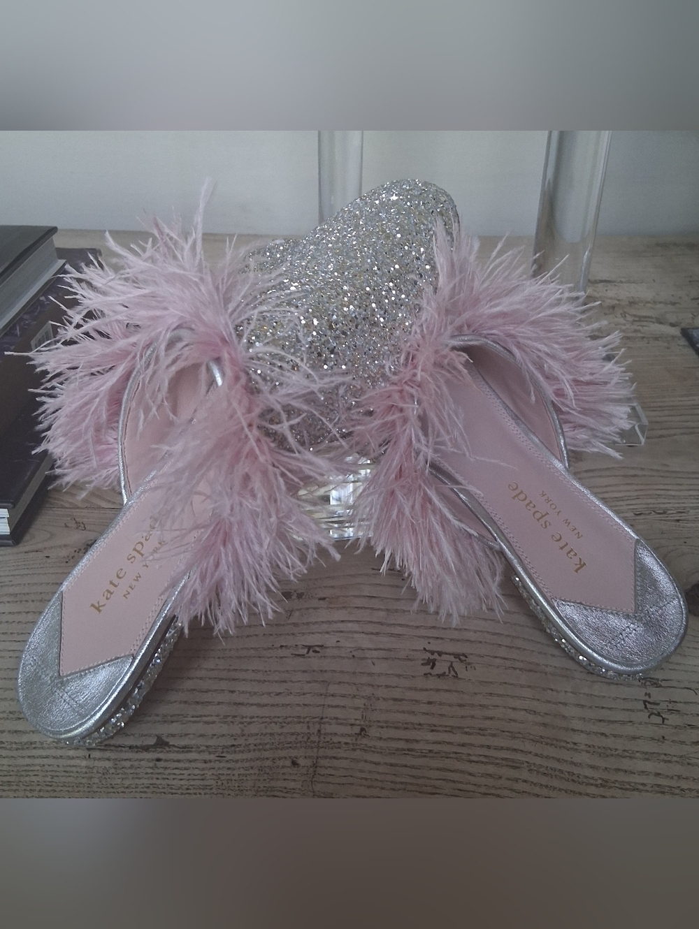 Kate Spade New York Silver and Pink Marabou Mules Size 10 - Picture 3 of 11